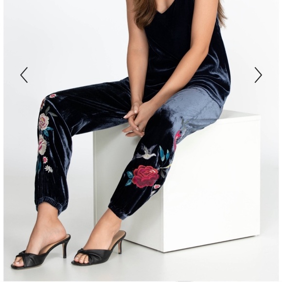 Johnny Was Junia Blue Velvet Jogger Pants with Floral & Bird‎ Embroidery SZ XL